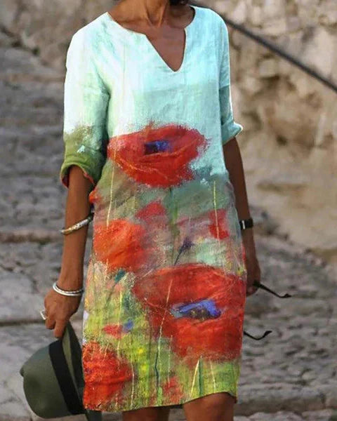 Mia - Robe à Manches Trois-Quarts et Décolleté en V pour le Printemps Jusqu'aux Genoux avec Imprimés Estivaux