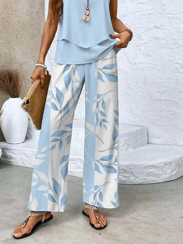 Everly - Ensemble Estival Élégant et Léger en Deux Pièces avec Top à Col Carré et Pantalon Ample Comfy à Imprimé Feuilles