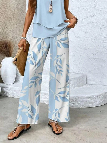 Everly - Ensemble Estival Élégant et Léger en Deux Pièces avec Top à Col Carré et Pantalon Ample Comfy à Imprimé Feuilles