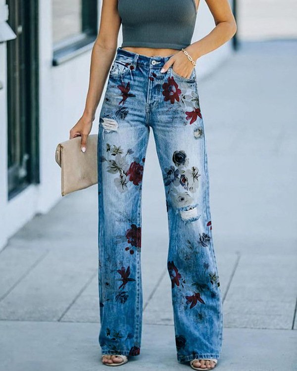 Océane - Jean Large Taille Haute avec Imprimé Fleurs