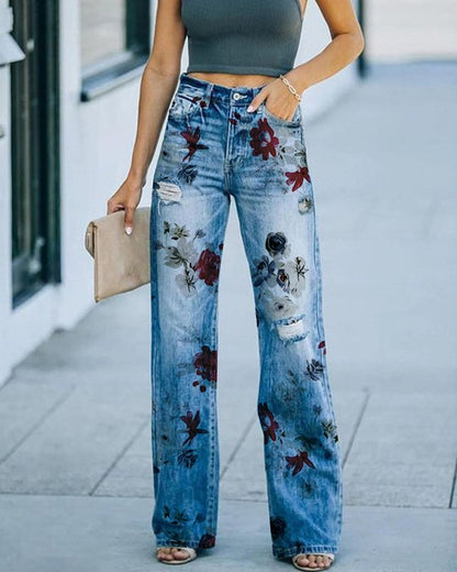 Océane - Jean Large Taille Haute avec Imprimé Fleurs