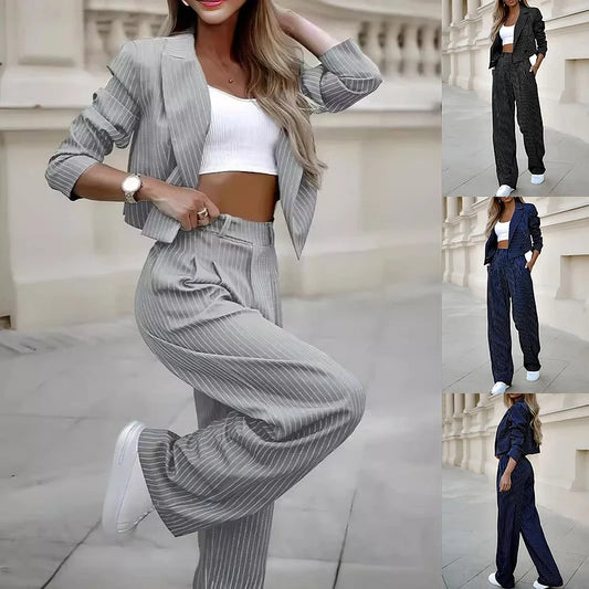 Énaly - Ensemble Deux Pièces Business Casual Élégant à Rayures, Composé d’un Blazer et d’un Pantalon Taille Haute
