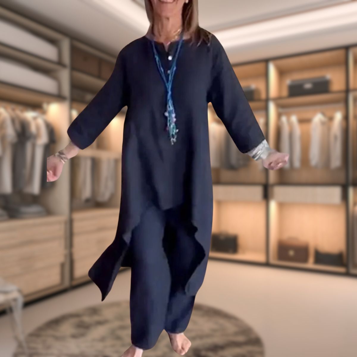 Ambrélya - Ensemble Deux Pièces Confortable pour Femme : Robe Chemise à Manches Mi-Longues et Pantalon Confortable Uni