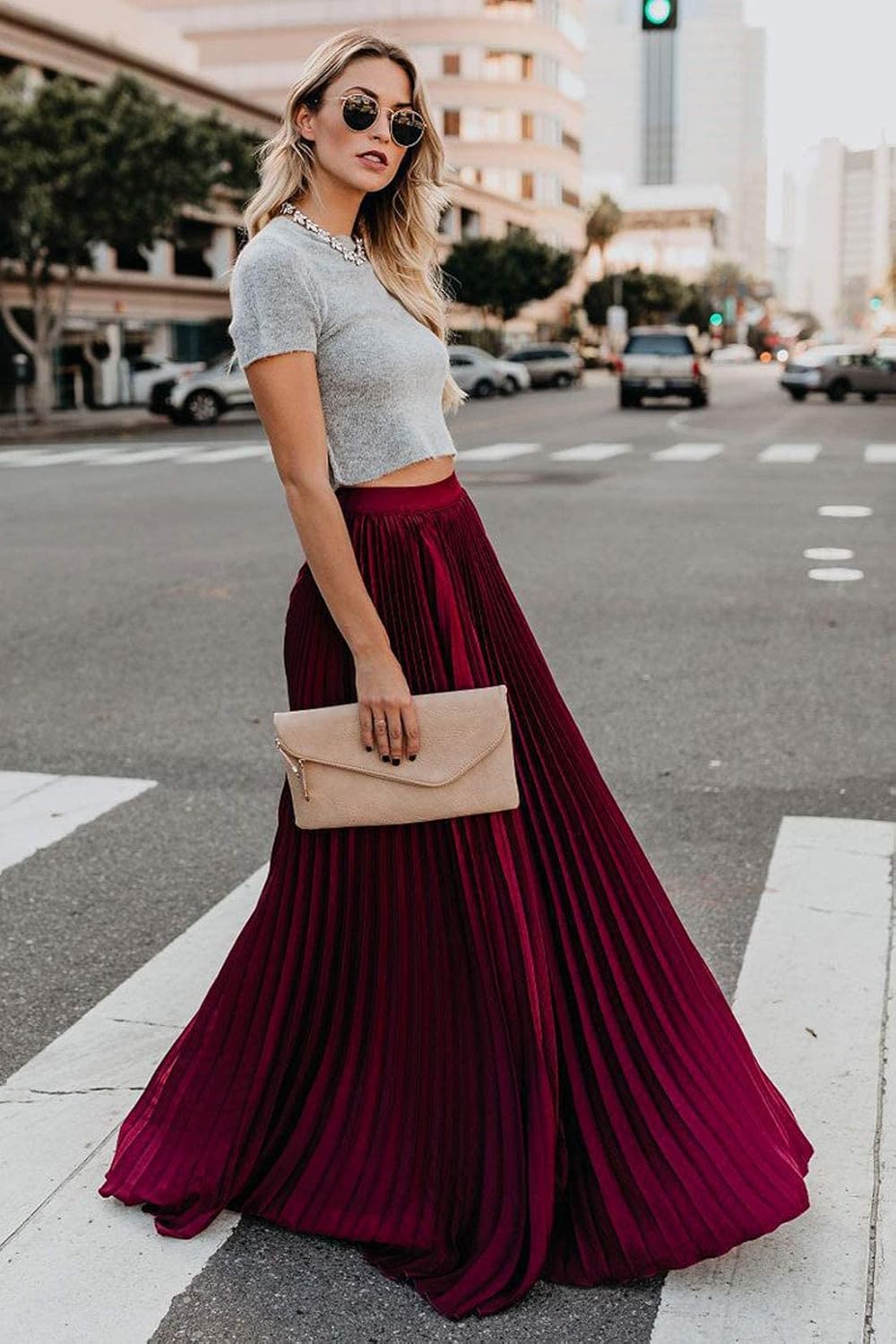 Élise - Jupe longue maxi plissée à taille élastique haute