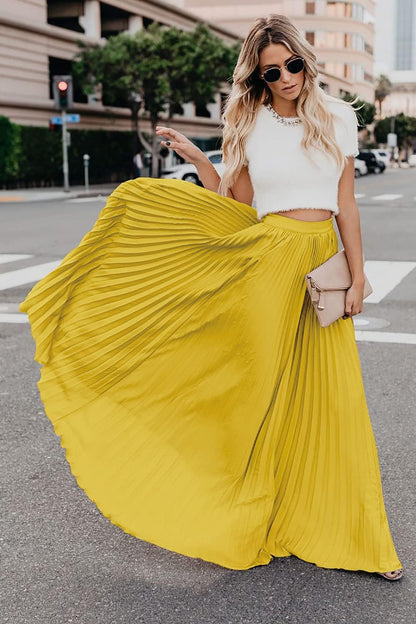 Élise - Jupe longue maxi plissée à taille élastique haute