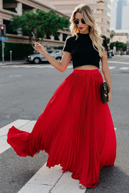 Élise - Jupe longue maxi plissée à taille élastique haute