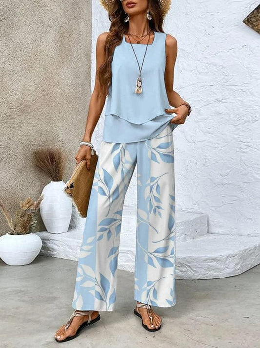 Everly - Ensemble Estival Élégant et Léger en Deux Pièces avec Top à Col Carré et Pantalon Ample Comfy à Imprimé Feuilles