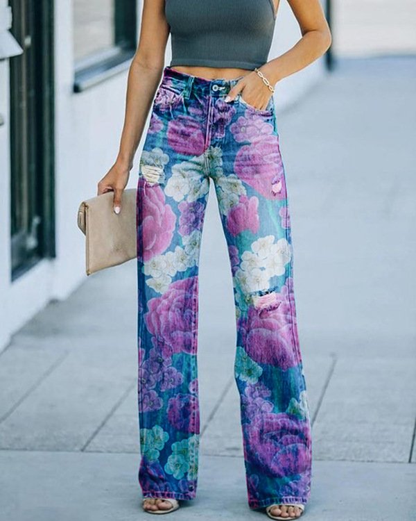 Océane - Jean Large Taille Haute avec Imprimé Fleurs