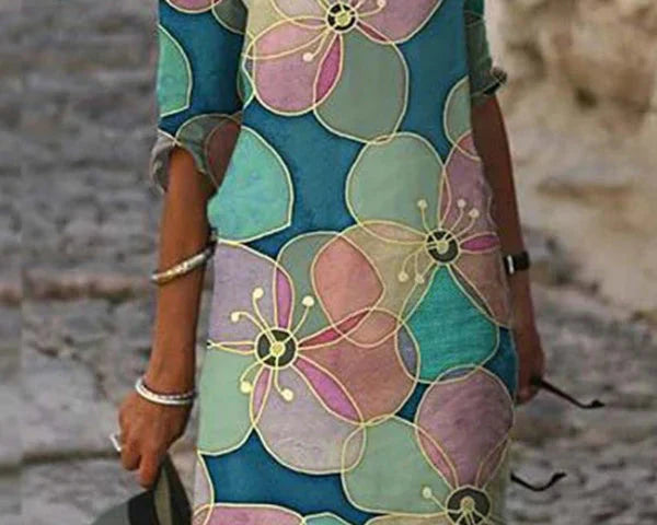 Mia - Robe à Manches Trois-Quarts et Décolleté en V pour le Printemps Jusqu'aux Genoux avec Imprimés Estivaux