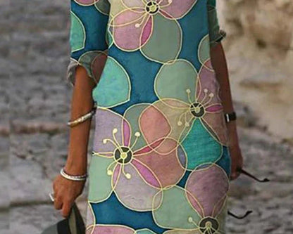 Mia - Robe à Manches Trois-Quarts et Décolleté en V pour le Printemps Jusqu'aux Genoux avec Imprimés Estivaux