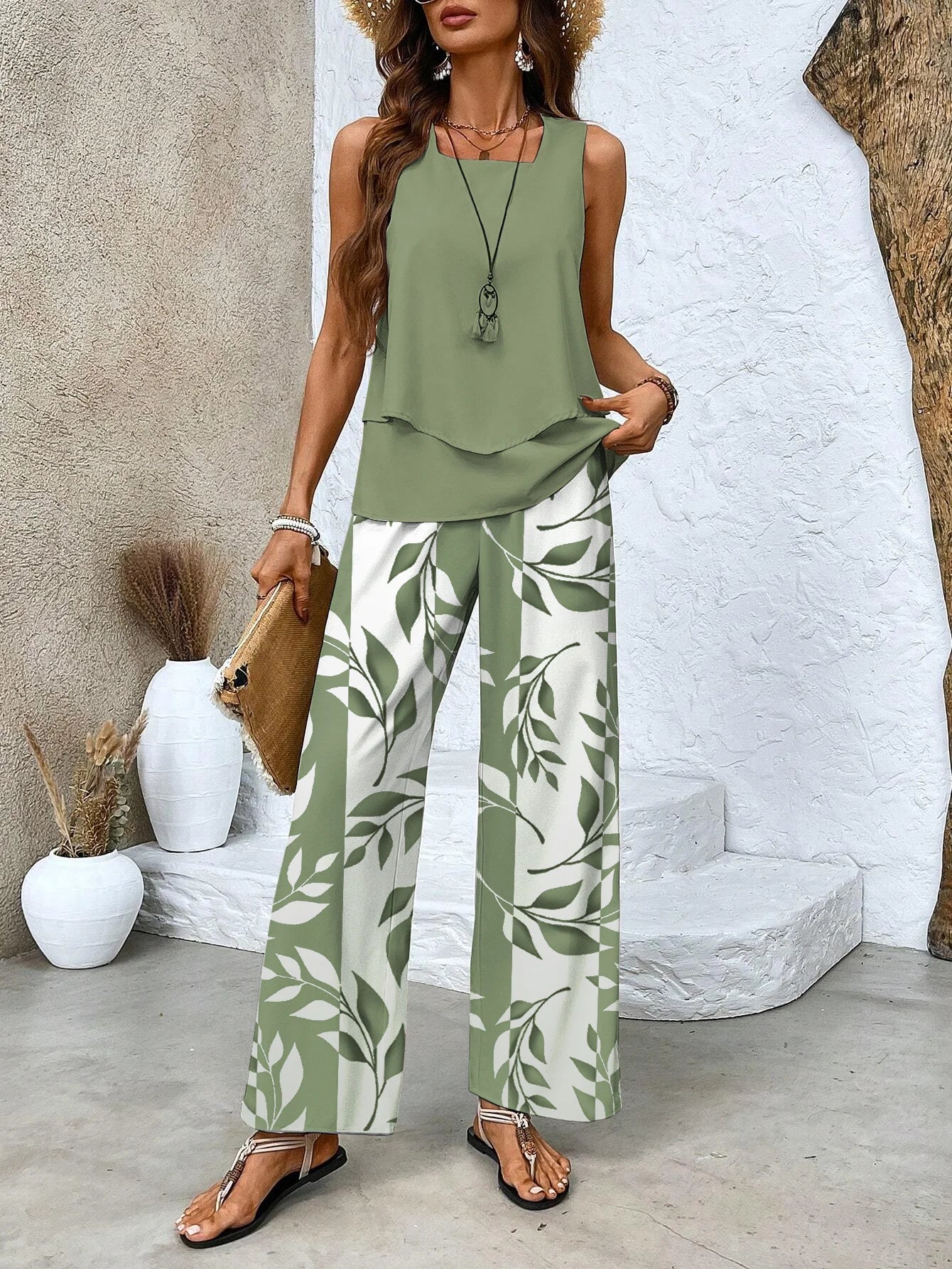 Everly - Ensemble Estival Élégant et Léger en Deux Pièces avec Top à Col Carré et Pantalon Ample Comfy à Imprimé Feuilles