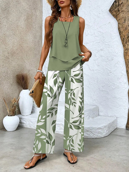 Everly - Ensemble Estival Élégant et Léger en Deux Pièces avec Top à Col Carré et Pantalon Ample Comfy à Imprimé Feuilles