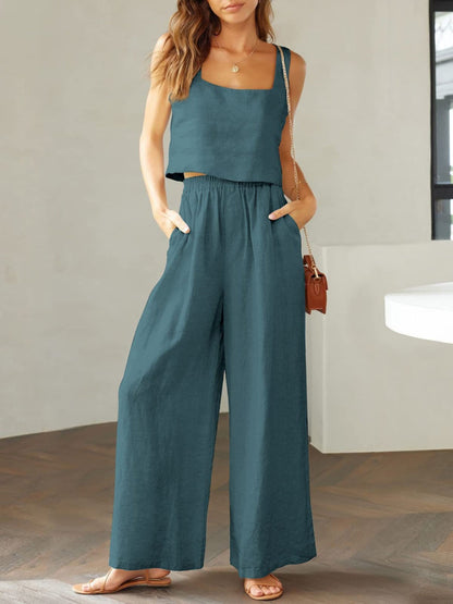 Nova - Ensemble deux pièces en lin composé d'un top à décolleté carré et d'un pantalon large à taille haute élastique