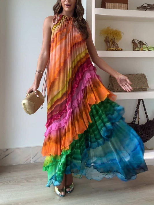 Azalea - Robe Maxi Asymétrique Élégante au Design Magnifique Colorée comme un Arc-en-Ciel avec Volants et Bretelles Halter