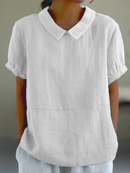 Livia – Haut Classique en Coton et Lin Uni avec Col et Manches Courtes