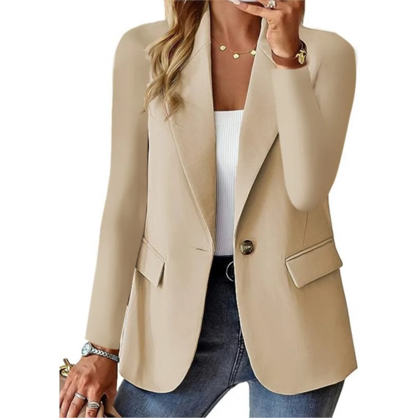 Livia - blazer féminin décontracté, solide, à manches longues, à poches étroites et à boucle