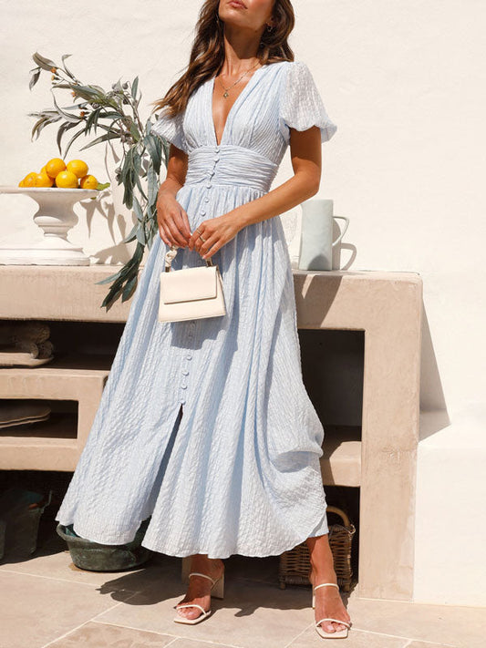 Éloïse – Robe Unie à Boutonnage Décolleté en V Manches Bouffantes Courtes et Taille Cintrée
