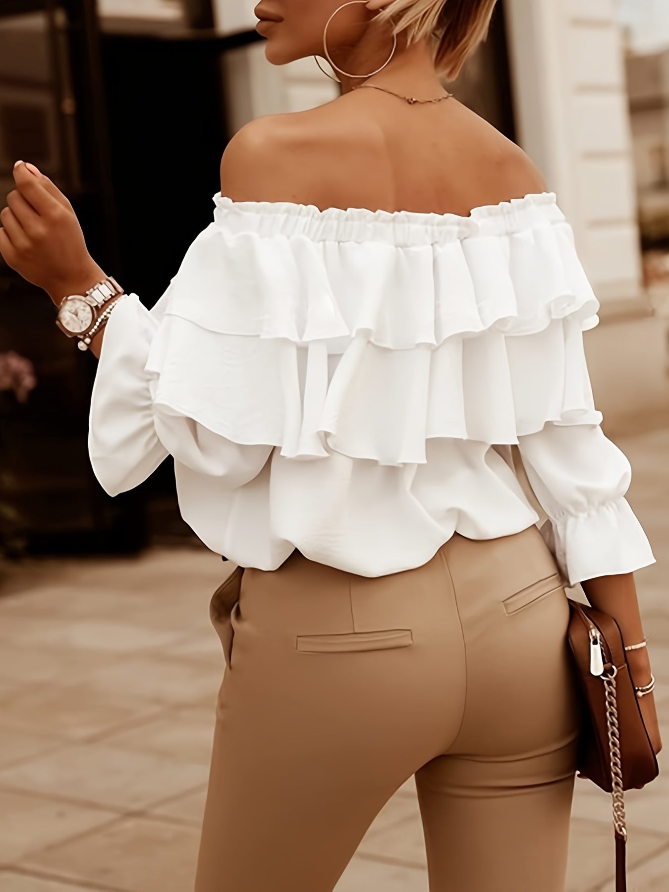 Solène - Top en Chiffon à Épaules Nues avec Manches Mi-Longues