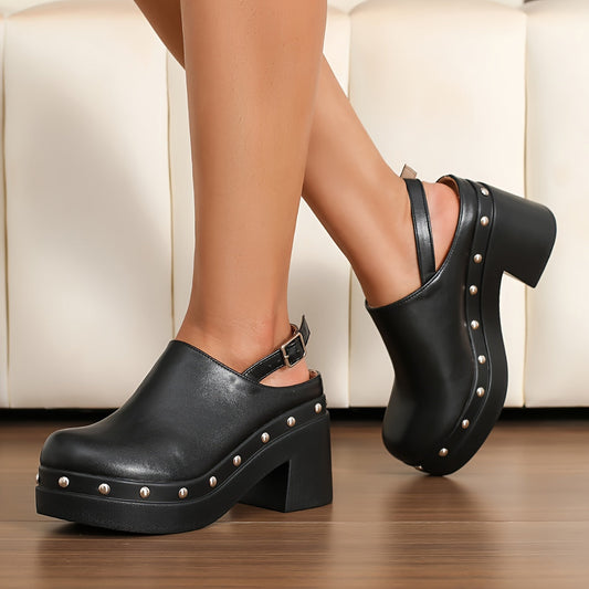 Tessa - Sabots à talon bloc en cuir végétalien noir avec bord clouté et boucle à l'arrière