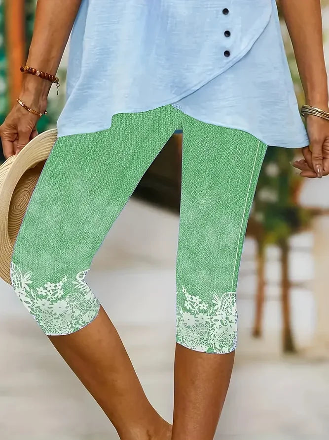 Louna - Legging Capris à Taille Élastique Arrivant Sous le Genou avec Détail de Fleurs en Bas
