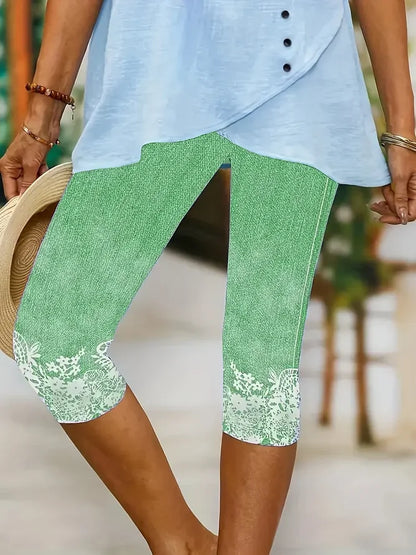 Louna - Legging Capris à Taille Élastique Arrivant Sous le Genou avec Détail de Fleurs en Bas