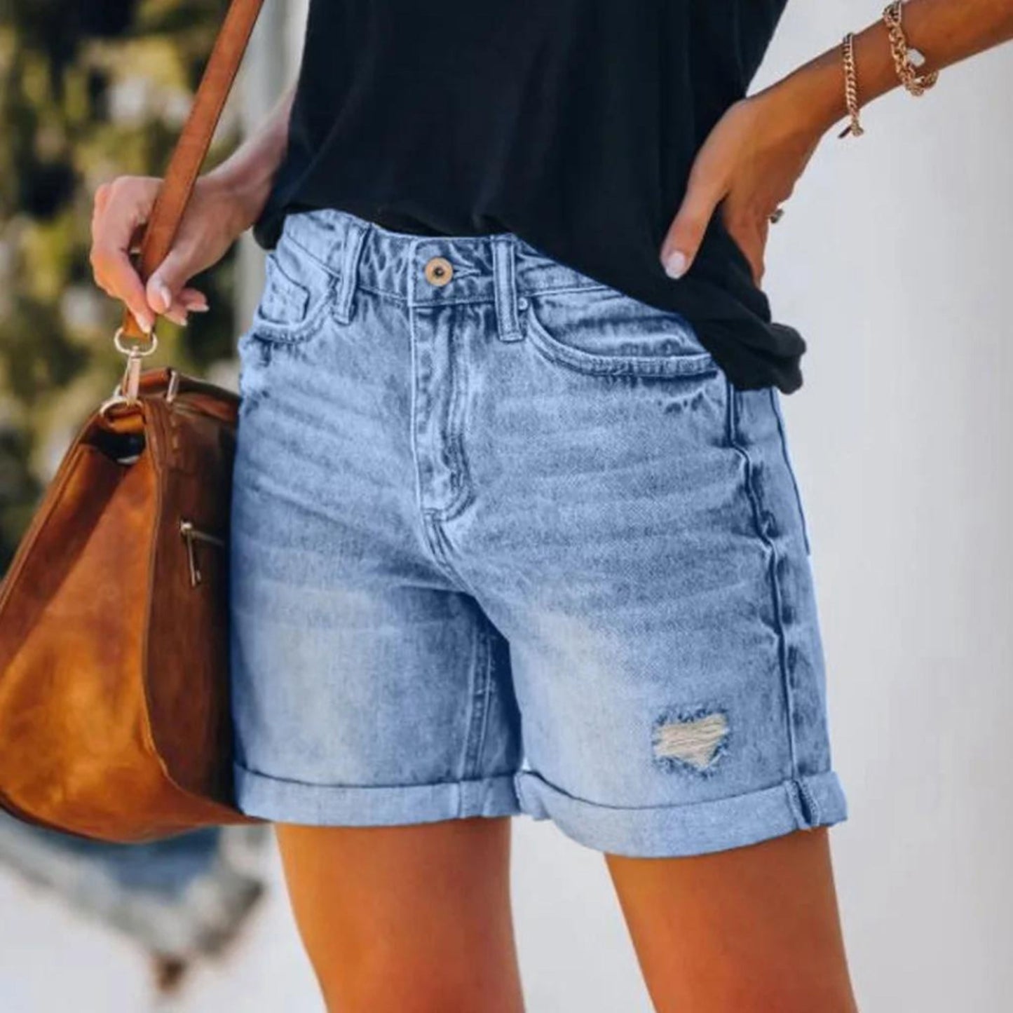 Zélie - Shorts en denim taille haute déchirés