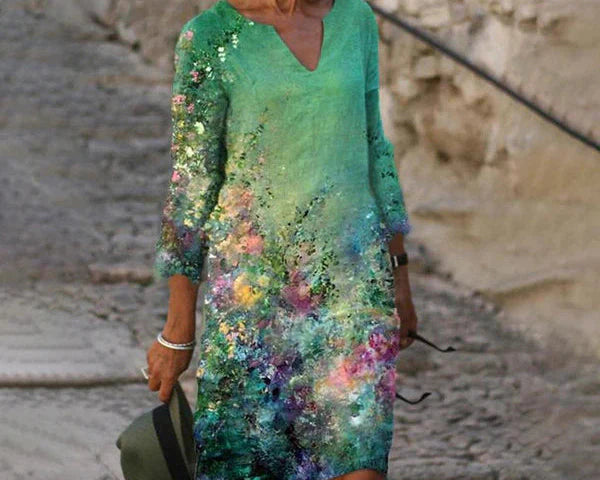 Mia - Robe à Manches Trois-Quarts et Décolleté en V pour le Printemps Jusqu'aux Genoux avec Imprimés Estivaux