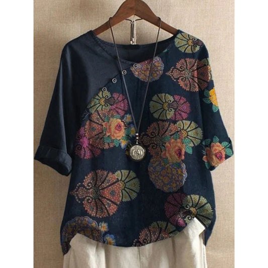 Louna – Haut Ample à Imprimé Floral Abstrait Col Rond et Manches Mi-Longues pour le Printemps
