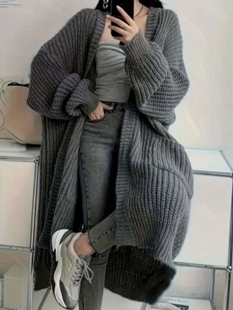 Léonie - Gilet Lang pour Femme | Cardigan Oversized Élégant | Gilet Streetstyle Gris