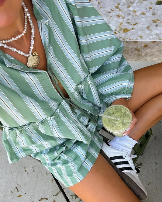 Mendy - Ensemble top à peplum rayé et short
