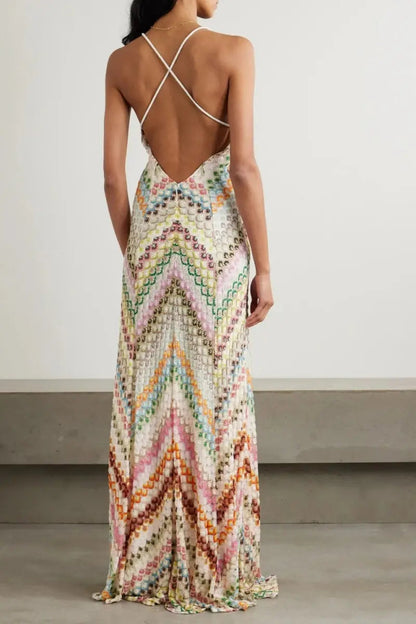 Méline - Robe Maxi Bohème Tendance, Inspirée du Crochet, pour le Printemps et L’été, avec Fines Bretelles Spaghetti et Col en V