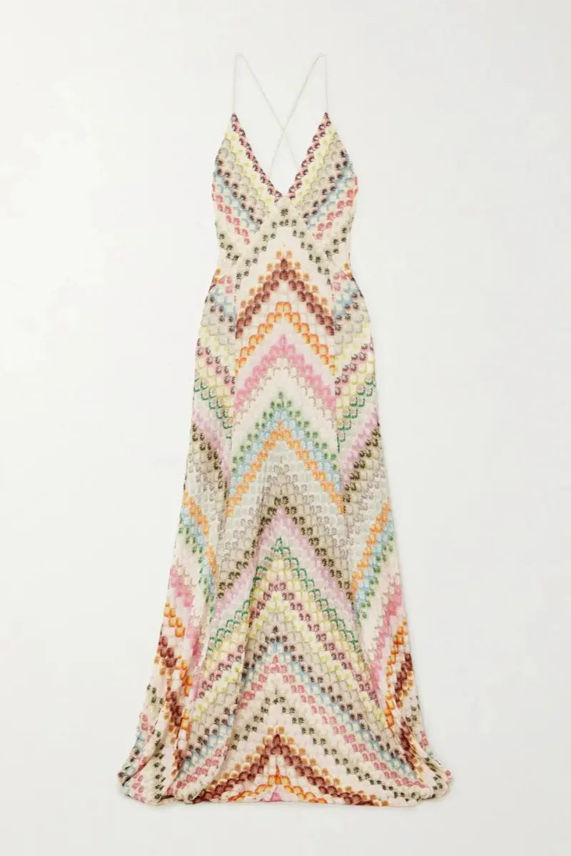 Méline - Robe Maxi Bohème Tendance, Inspirée du Crochet, pour le Printemps et L’été, avec Fines Bretelles Spaghetti et Col en V