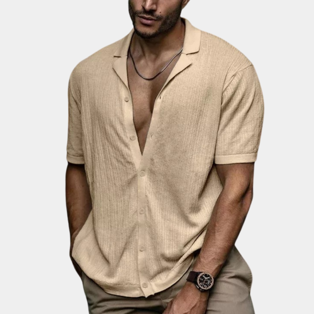 Elyo  –  Chemise en Lin Homme Coupe Ample Respirante & Casual Manches Courtes & Col V Profond