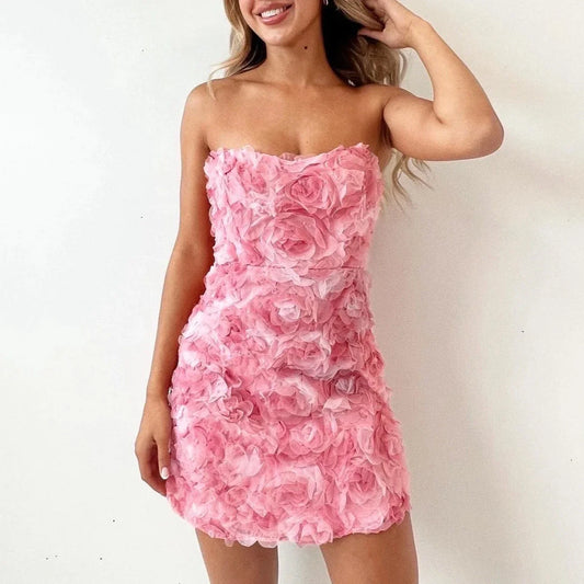 Ersine - Robe Mini Élégante et Extensible Sans Bretelles, à Sequins, avec Ruchés et Motifs Floraux Rouges et Roses