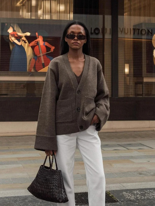 Adèle - Gilet Élégant Femme | Gilet à Boutons | Pull Femme Marron/Blanc