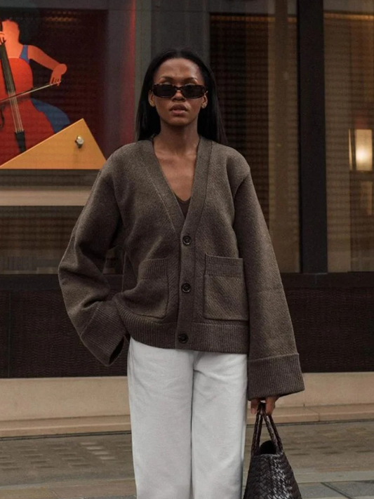 Adèle - Gilet Élégant Femme | Gilet à Boutons | Pull Femme Marron/Blanc