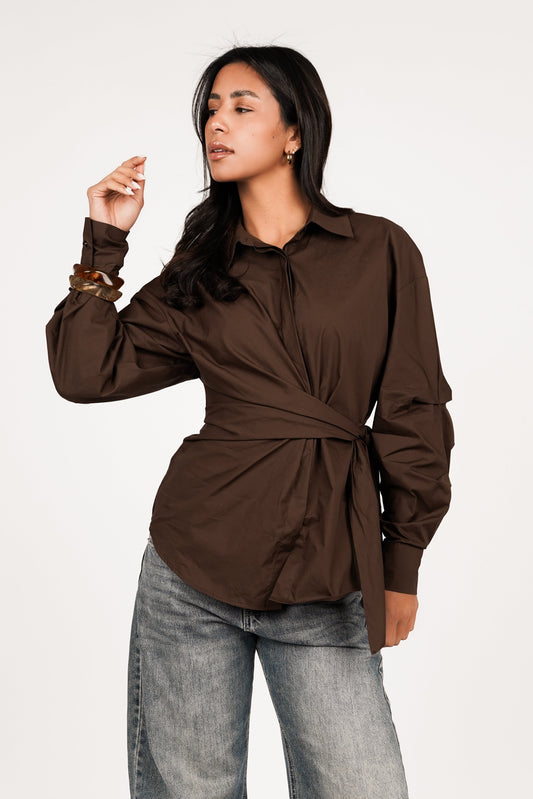 Aubérisse - Blouse Oversize Marron avec Nœud Latéral, Tendance, pour Femme