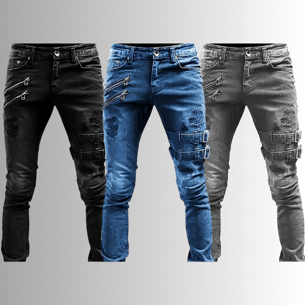 LuxeLine - Jean en denim avec boucles et fermetures éclair pour hommes