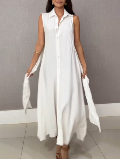 Indigo - Robe Midi Sans Manches Cintrée avec Col à Boutons en Couleur Unie