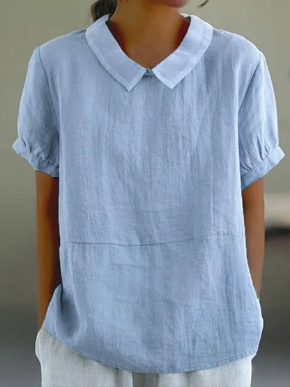 Livia – Haut Classique en Coton et Lin Uni avec Col et Manches Courtes