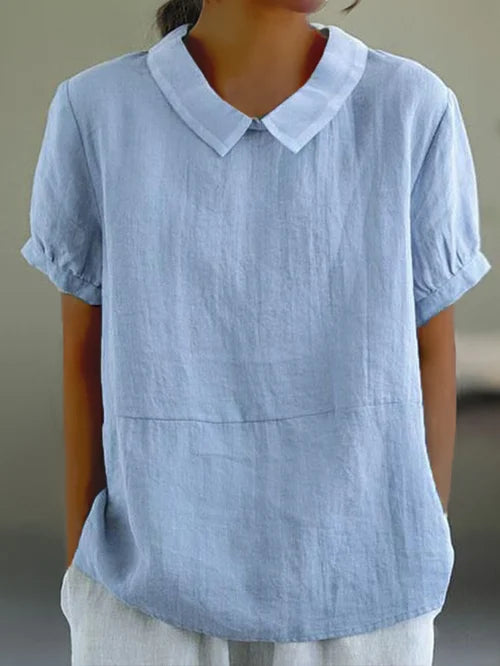 Livia – Haut Classique en Coton et Lin Uni avec Col et Manches Courtes