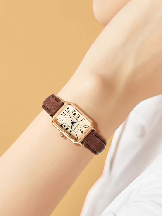 Léonilda - Montre en Cuir pour Femme avec Boîtier Carré Or - Marron