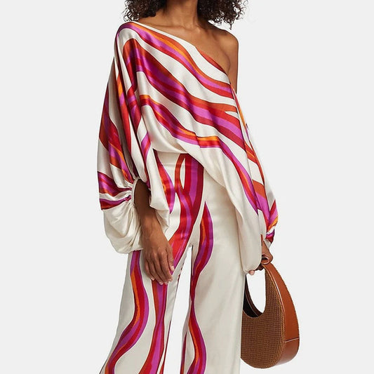 Maëlys - Ensemble Deux Pièces Élégant Printemps et été avec Larges Manches aux Épaules Dénudées, Pantalon Palazzo Taille Haute et Motifs Scintillants