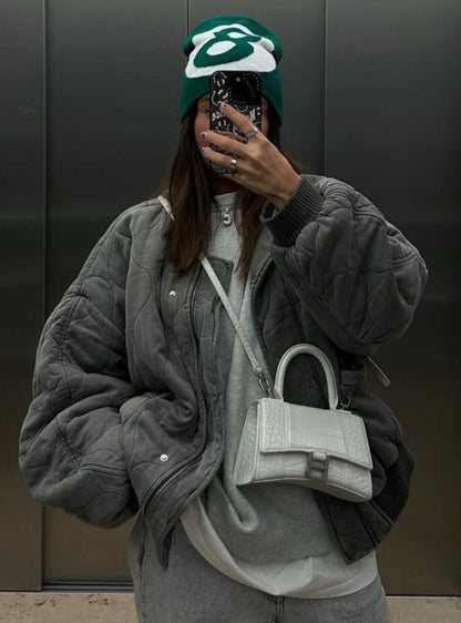 Azura - Veste Bomber Oversize Grise Foncée avec Motif Ondulé pour Femmes