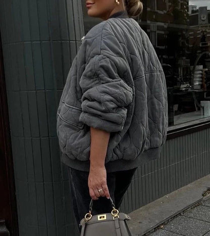Azura - Veste Bomber Oversize Grise Foncée avec Motif Ondulé pour Femmes
