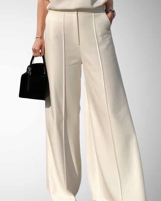 Maëlle - Pantalon Printemps Blanc Élégant à Taille Haute et Coupe Large pour Femmes
