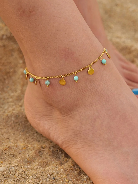 Alba - Bracelet Cheville Boules Suspendues Bleu Or