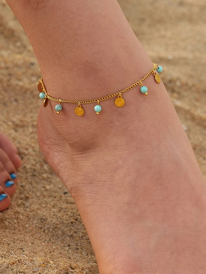 Alba - Bracelet Cheville Boules Suspendues Bleu Or