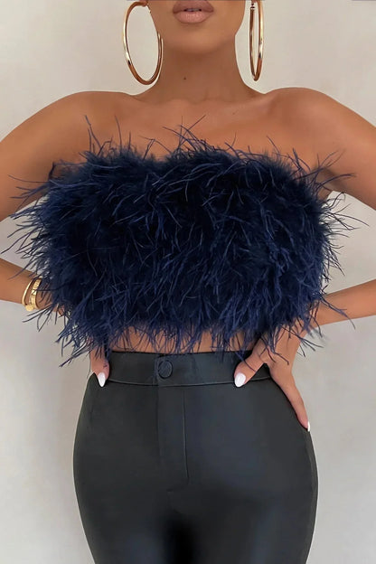Delphine Top en Plumes | Le crop top en plumes élégant est une tendance phare cette année