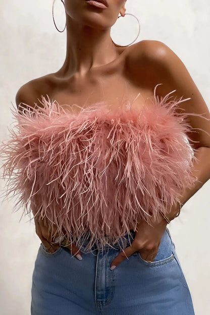 Delphine Top en Plumes | Le crop top en plumes élégant est une tendance phare cette année